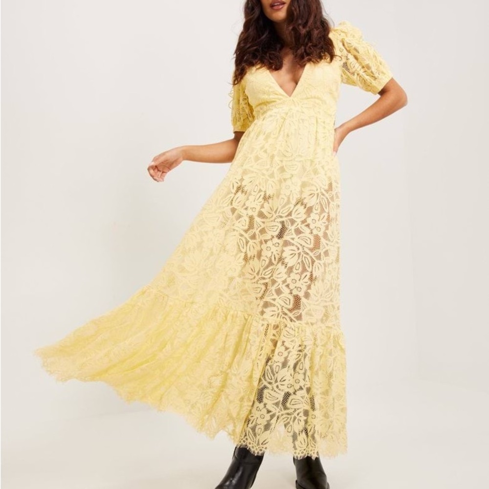 For Love And Lemons Bea Midi Yellow Lace Dress - Size Small